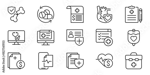 Thin line icon collection representing medical services, health insurance, and digital healthcare