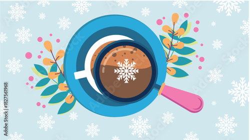 A coffee cup with snowflakes and a magnifying glass, snowflake magnification, decorative Christmas branches, warm and delicate colors, a beautiful drink illustration. Christmas vector card