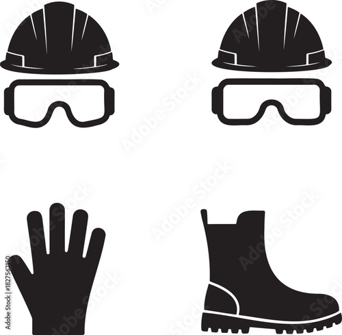 PPE Safety Icons – Hard Hat, Goggles, Gloves, and Boots Silhouette Set