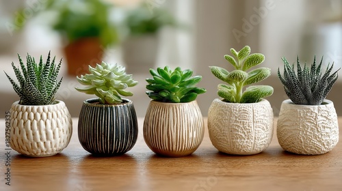 Wallpaper Mural Five small potted succulents rest on a wooden surface, their different textures and colors adding a touch of nature and indoor gardening to the scene Torontodigital.ca