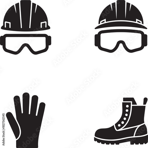 PPE Safety Icons – Hard Hat, Goggles, Gloves, and Boots Silhouette Set