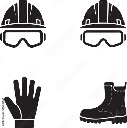 PPE Safety Icons – Hard Hat, Goggles, Gloves, and Boots Silhouette Set