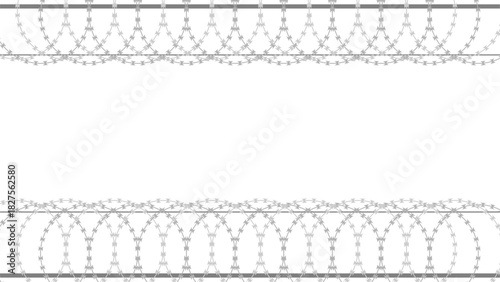 Empty horizontal banner with frame at top and bottom is woven from sharp barbed wire. Vector banner isolated on white background