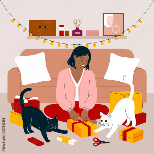 A heartwarming scene captures a woman enjoying her time wrapping gifts surrounded by playful cats, symbolizing warmth, joy, and the spirit of giving during celebrations.
