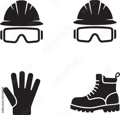 PPE Safety Icons – Hard Hat, Goggles, Gloves, and Boots Silhouette Set