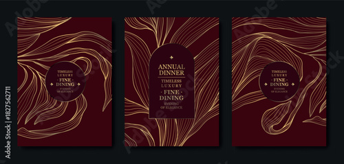 Premium burgundy and gold invitation design, elegant floral accents, cherry blossoms, line elements, Asian style. Luxury template weddings, galas, birthdays, corporate events