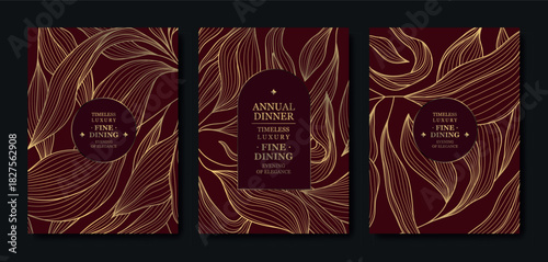 Premium burgundy and gold invitation design, elegant floral accents, cherry blossoms, line elements, Asian style. Luxury template weddings, galas, birthdays, corporate events