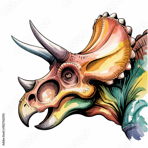 An artistic depiction of a vibrant triceratops dinosaur captures its unique features beautifully, showcasing creativity and imaginative representation of prehistoric life.