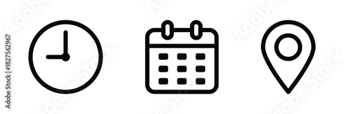 Address time date icons set. Address location icon. Stopwatch timer icon. Date Calendar icon Date, time, location address, notification icon. Notification bell icon. Stopwatch icons set