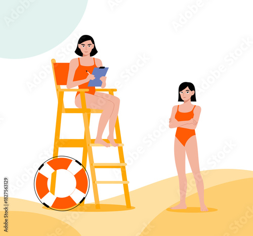 A lifeguard watches over a beachgoer in a swimsuit, highlighting safety and relaxation in a summer setting, representing vigilance and leisure under the sun.