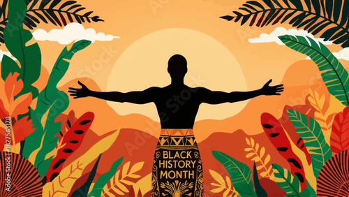 Black History Month illustration with a silhouette of a man with open arms.