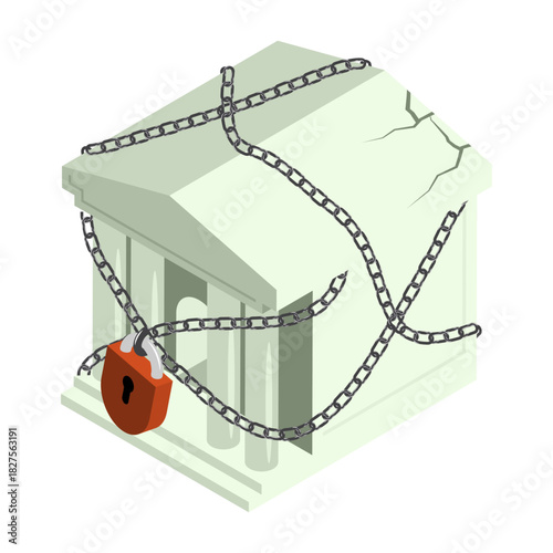 Isometric ruined bank closed for risky financial transactions. Isolated cartoon vector on white background top view