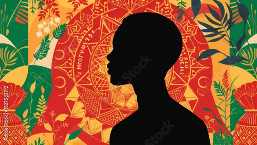 Silhouette of a person against a colorful, patterned background with plants and geometric shapes.