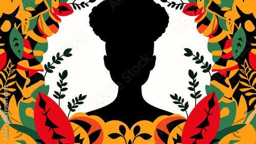 Silhouette of a woman with afro surrounded by colorful foliage.