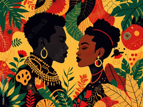 Vibrant illustration of an African couple surrounded by lush, colorful foliage and patterns.