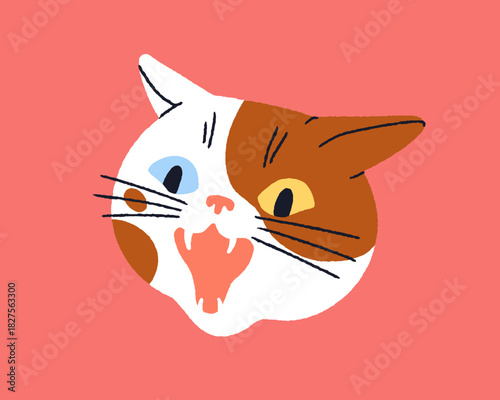 Angry cat face with open mouth. Fierce feline animal head hissing with teeth, warning, comic aggressive emotion, surprised face expression. Flat vector illustration isolated on white background