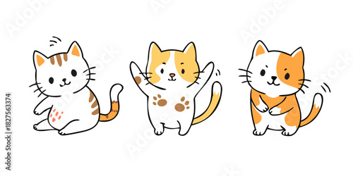 Cute and funny cats doodle vector set. Cartoon cat or kitten characters design collection with flat color in different poses. Set of purebred pet animals isolated on white background