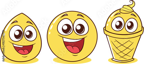 Three happy yellow cartoon emoji characters shaped like a drop, a circle, and an ice cream cone isolated on white background