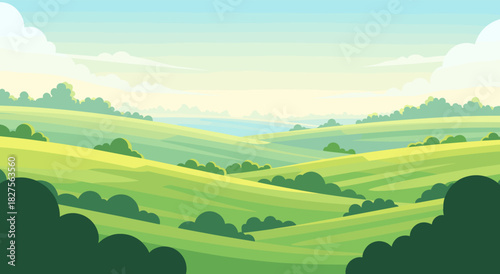 Soft green hills stretch across calm landscape. Gentle tones create peaceful natural mood. Light sky adds bright relaxing harmony