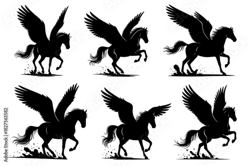 Flying pegasus silhouettes captured in energetic motion. The silhouettes are created with very clean lines and carefully balanced proportions, highlighting the high quality of the work