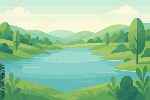Calm river flows between soft green hills. Gentle colors create peaceful relaxing atmosphere. Light sky forms bright natural scenery