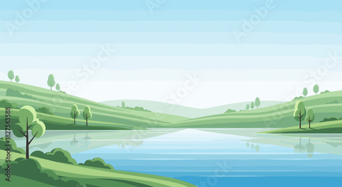 Calm landscape with soft hills surrounding clear blue lake. Gentle gradients create peaceful summer atmosphere. Light trees complete the bright natural scenery