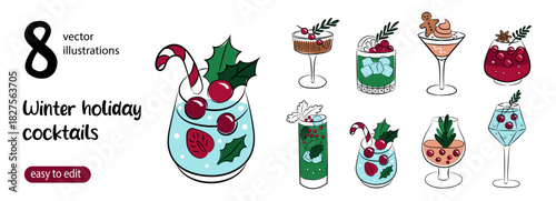 Set of winter holiday cocktails with decoration. Christmas and New Year's drinks in glasses of various shapes. Colorful illustrations in doodle sketch style. 