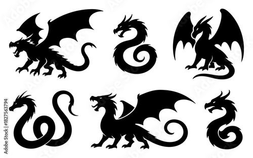Dragon silhouettes presented in winged and serpentine configurations. Clean lines and balanced proportions throughout. Sharp heads and coiled bodies create a bold mythical appearance