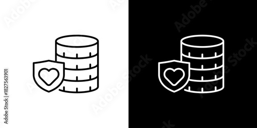 Simple line icon of stacked coins with a heart shield representing financial protection, charity, and savings