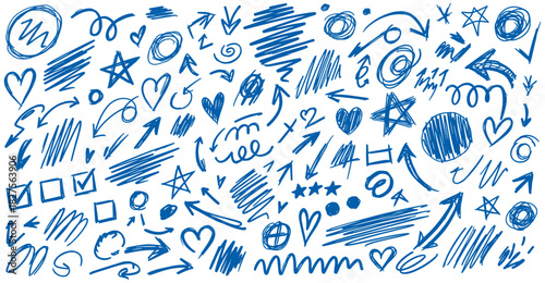 Large doodle collection drawn with bold blue strokes. Playful shapes create energetic creative mood. Many symbols form expressive sketch style