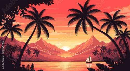Warm sunset lights calm sea with distant ship. Palms frame glowing peaceful scenery. Soft tones create bright relaxing mood