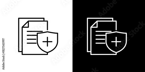 Vector icon document, shield, plus sign. Symbolizes secure file addition, data protection, and new record creation for digital applications