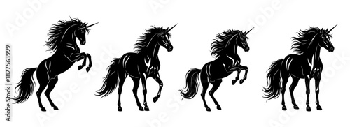 Stylized unicorn silhouettes shown in elegant expressive poses. The silhouettes are created with very clean lines and carefully balanced proportions, highlighting the high quality of the work