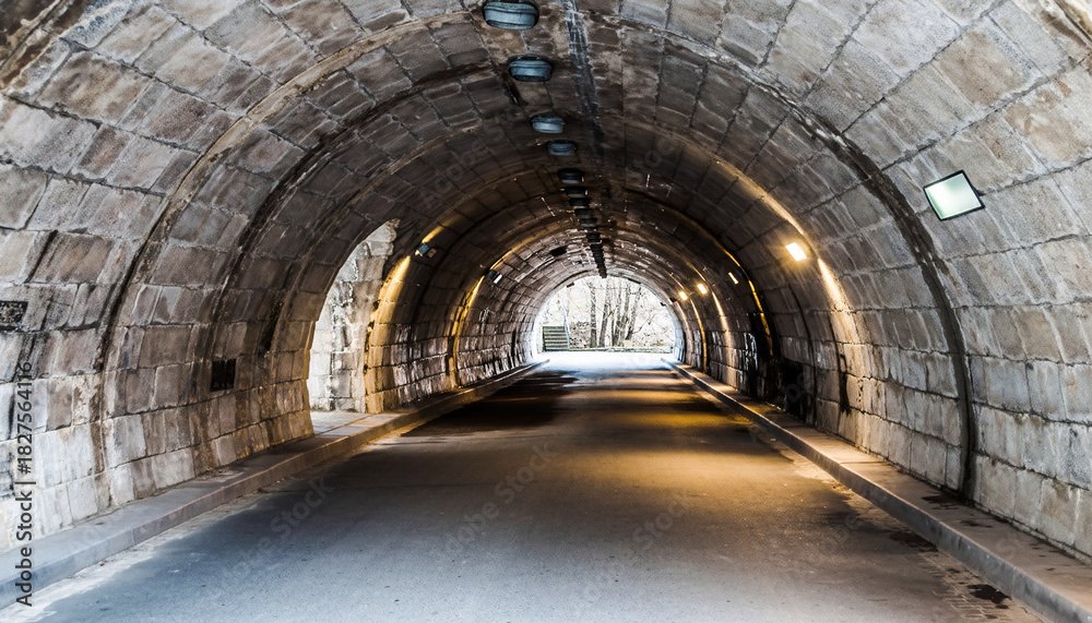 Naklejka premium Historic Stone Arch Road Tunnel Interior Leading to Daylight