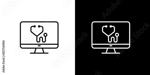 Online Medical Diagnosis Concept Computer Screen with Stethoscope Line Icon