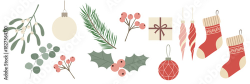 Holiday Season Decorative Elements Baubles, Holly, Mistletoe, and Stockings