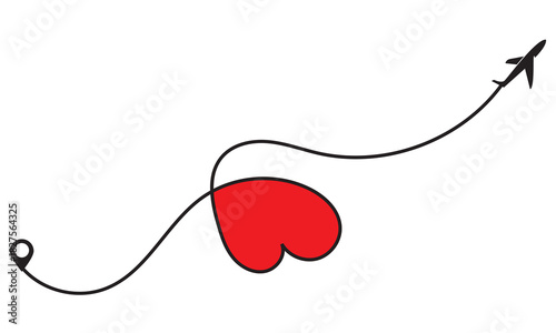 Romantic Travel Path with Airplane and Heart Icon. Minimal line-art  of an airplane flying toward a destination pin with a red heart along the path, symbolizing love, travel, and connection.
