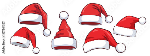 A festive collection of classic red and white Santa hats, perfect for holiday celebrations and winter-themed designs