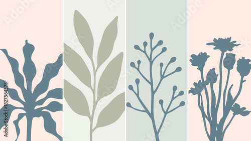Four stylized botanical silhouettes in muted pastel tones on vertical panels