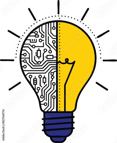 Illustration of a light bulb split between a glowing filament and a detailed electronic circuit board, isolated on white background