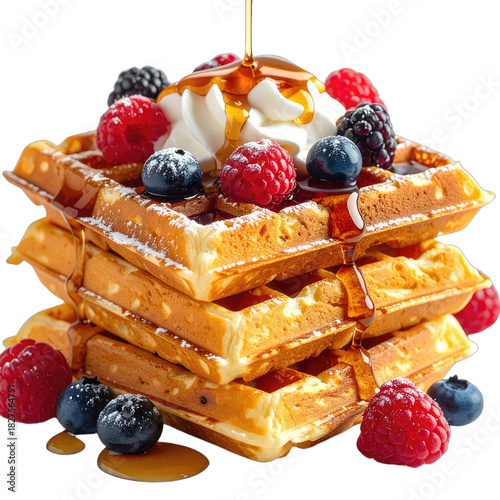 A tall stack of golden waffles topped with whipped cream, fresh berries, and drizzled with syrup.