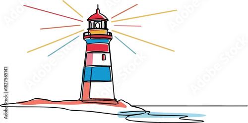 Create Lighthouse tower in one continuous line drawing. Light house with beams of light shining in all directions in simple linear style.