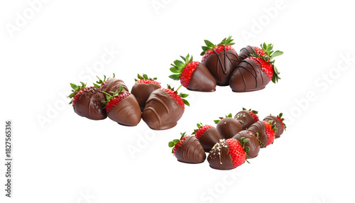 Fresh red strawberries with sweet chocolate make a delicious fruit dessert on a white background