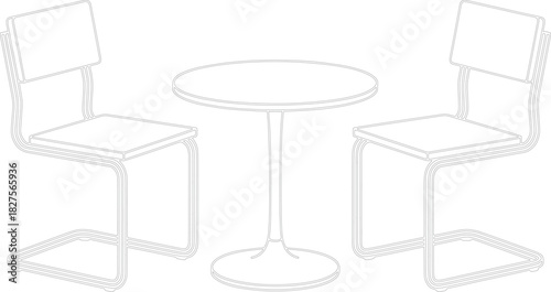 Outline drawing of two cantilever chairs and a round pedestal table isolated on