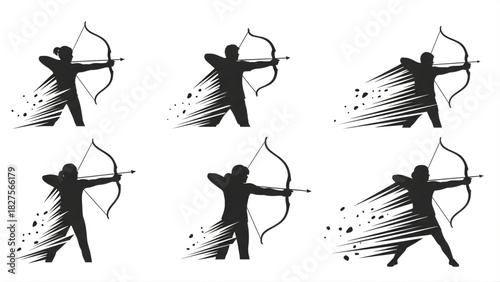 Dynamic Archery Silhouettes Set Illustrates Athletic Power, Speed, and Precision in Competitive Sports Action, depicting archers with bows and arrows