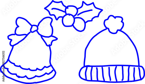 A charming hand-drawn illustration featuring classic winter and holiday elements: a festive bell adorned with a bow, a sprig of holly with berries, and a cozy winter hat with a pom-pom. Rendered in a 