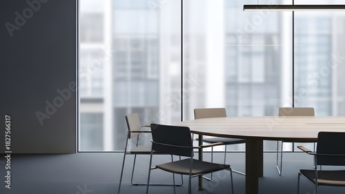 Modern Conference Room with Round Table and City View in Background