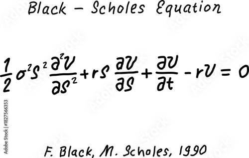 Handwritten Black-Scholes financial equation displayed in a clean mathematical layout. Ideal for education, finance, trading, investment analysis, economic research, and academic content.