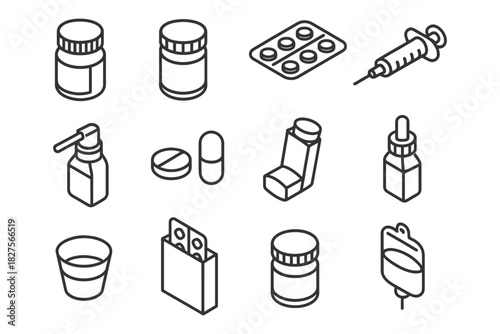 Line art medical containers and equipment collection.