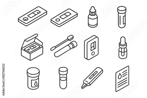Line icons of medical testing equipment: test kits, swabs, vials, droppers.